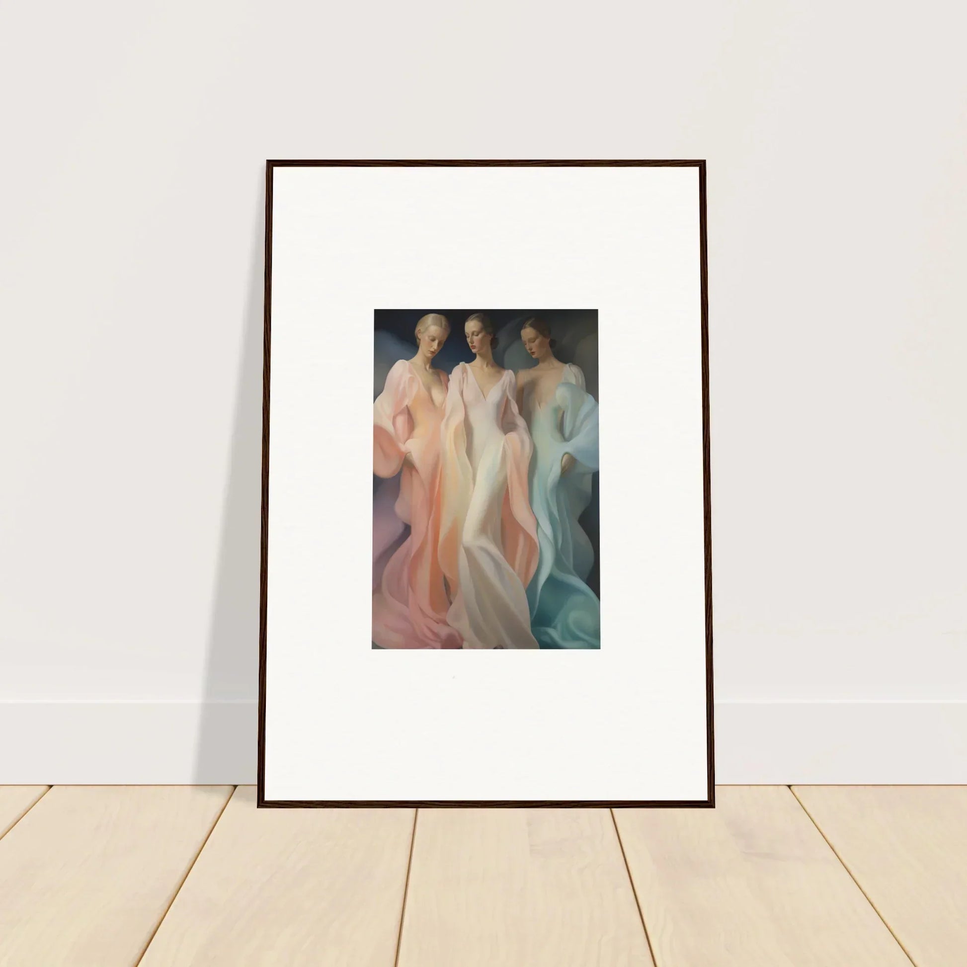 Framed Whispers Silk Susurrus art with three flowing figures in soft colors