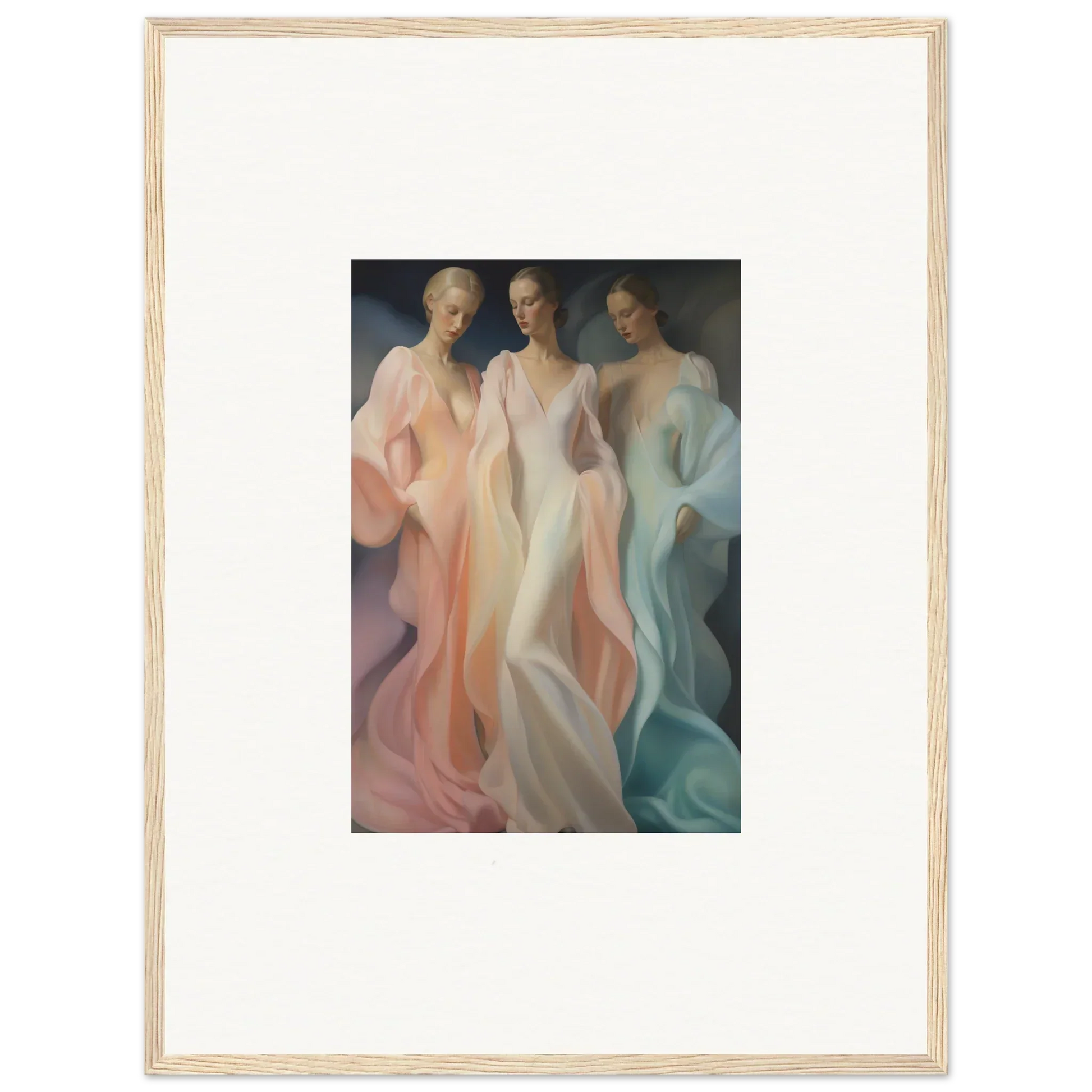 Framed artwork of three ethereal figures in Whispers Silk Susurrus special edition art™