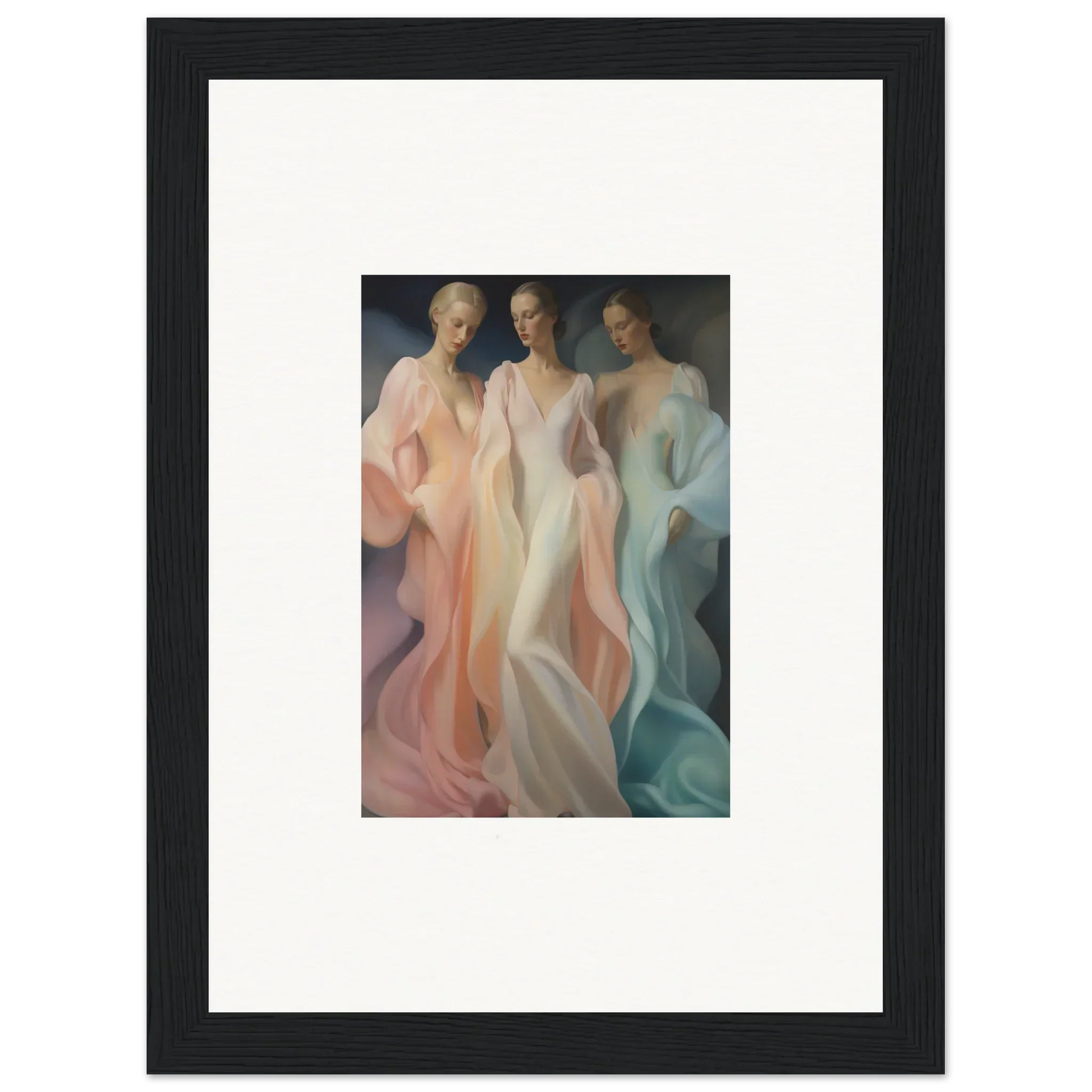 Framed artwork of three ethereal figures in Whispers Silk Susurrus special edition art™