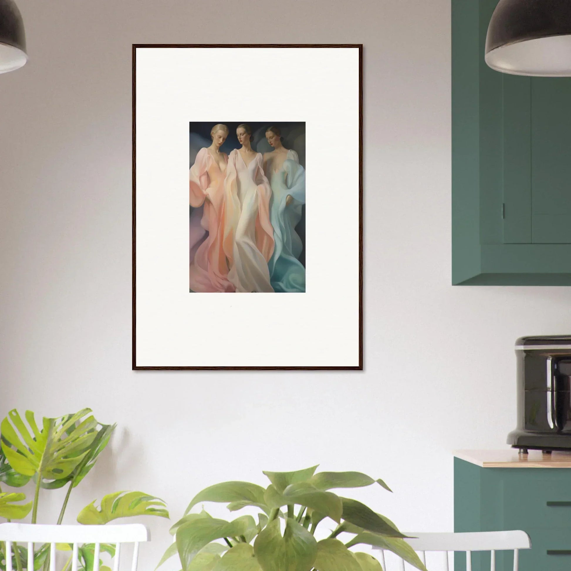 Framed artwork of ethereal figures in soft colors for Whispers Silk Susurrus