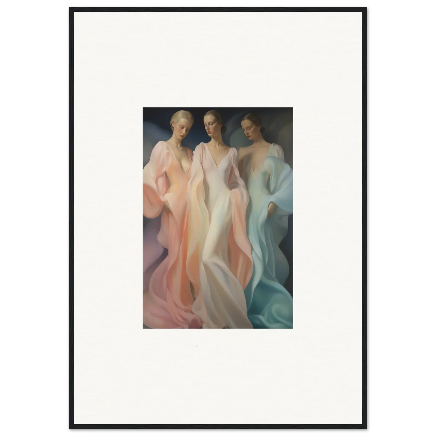 Three ethereal figures in pastel gowns embody Whispers Silk Susurrus special edition art™