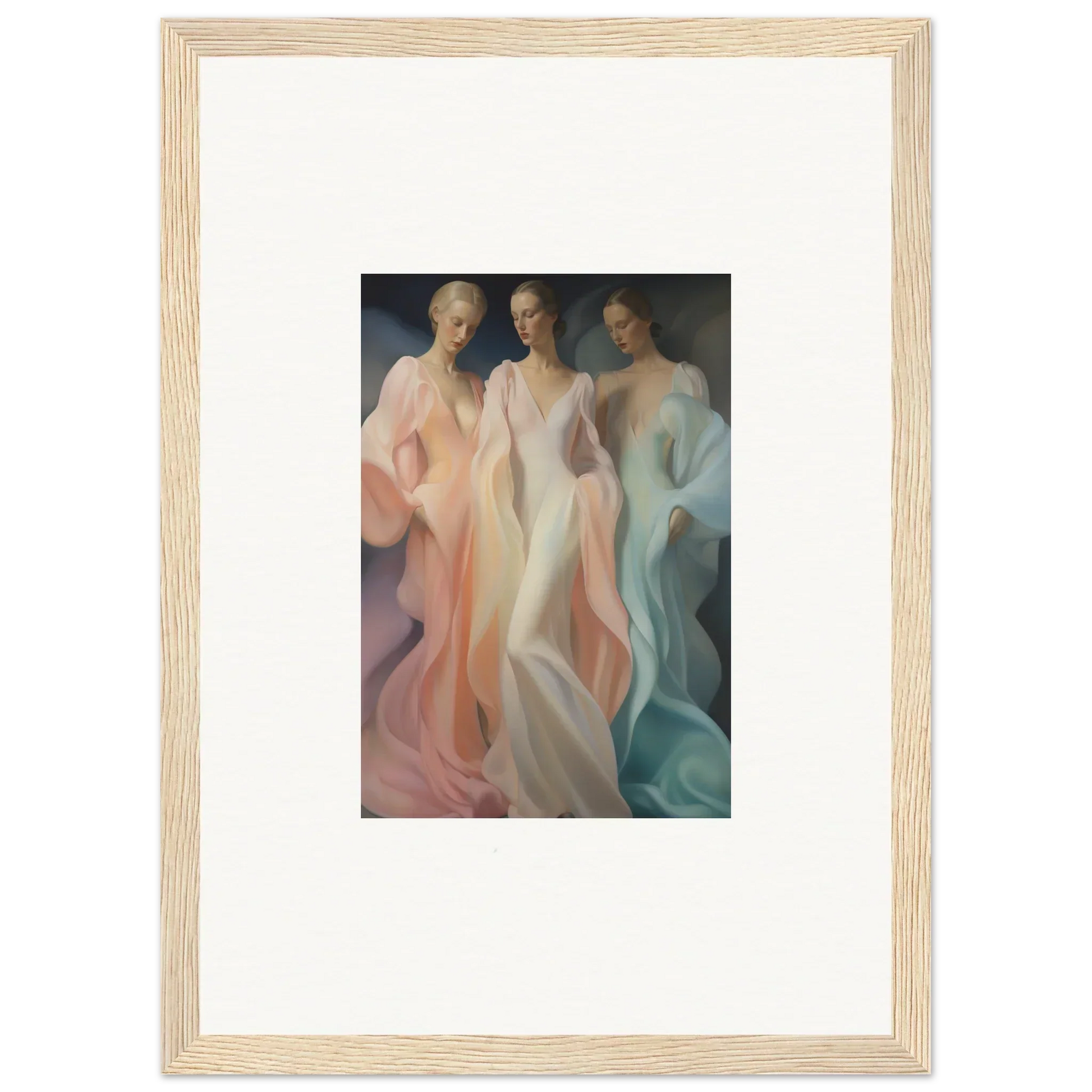 Framed artwork of three ethereal figures in pastel for Whispers Silk Susurrus special edition art™