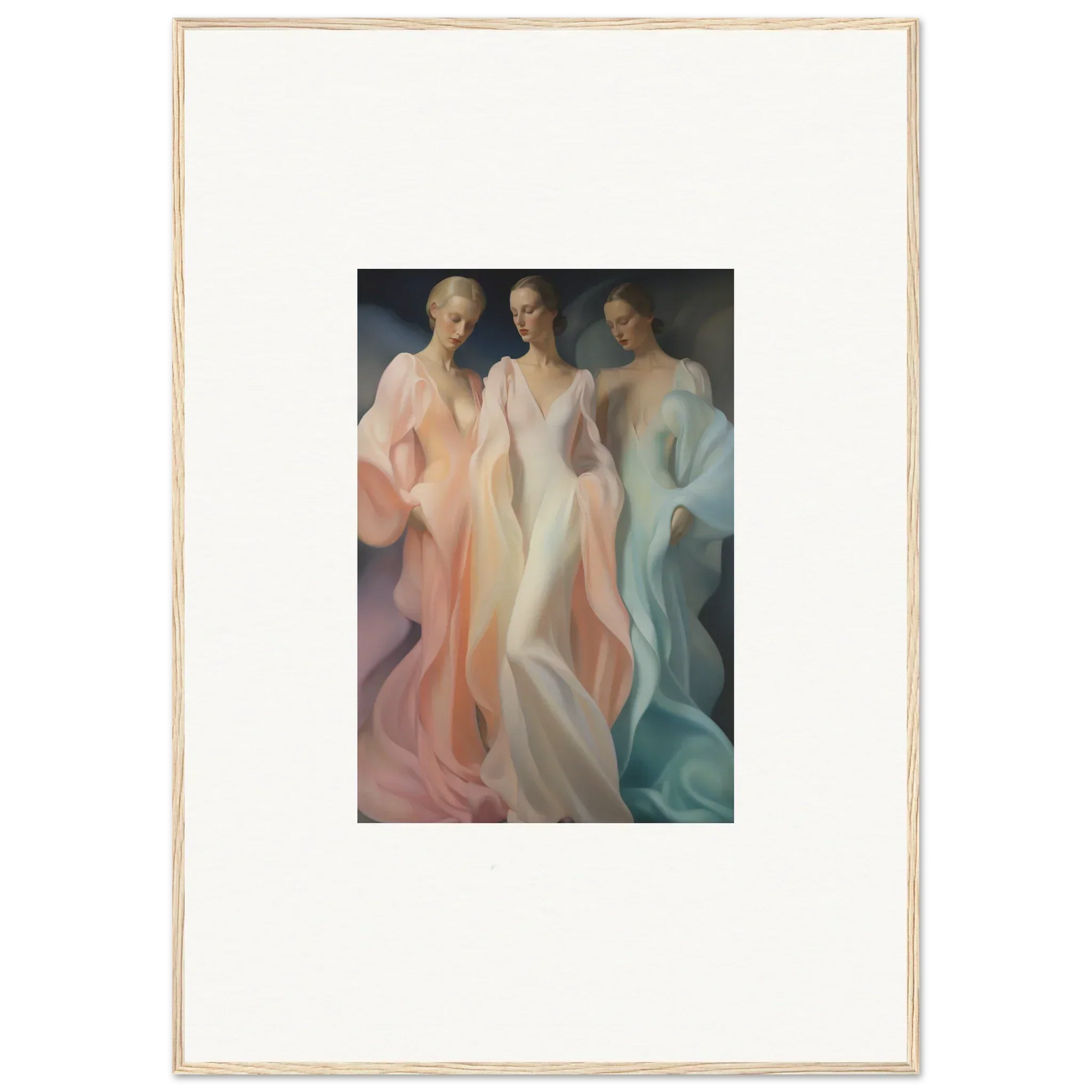 Artistic painting of three ethereal figures in flowing dresses for Whispers Silk Susurrus