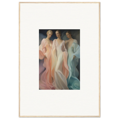 Artistic painting of three ethereal figures in flowing dresses for Whispers Silk Susurrus