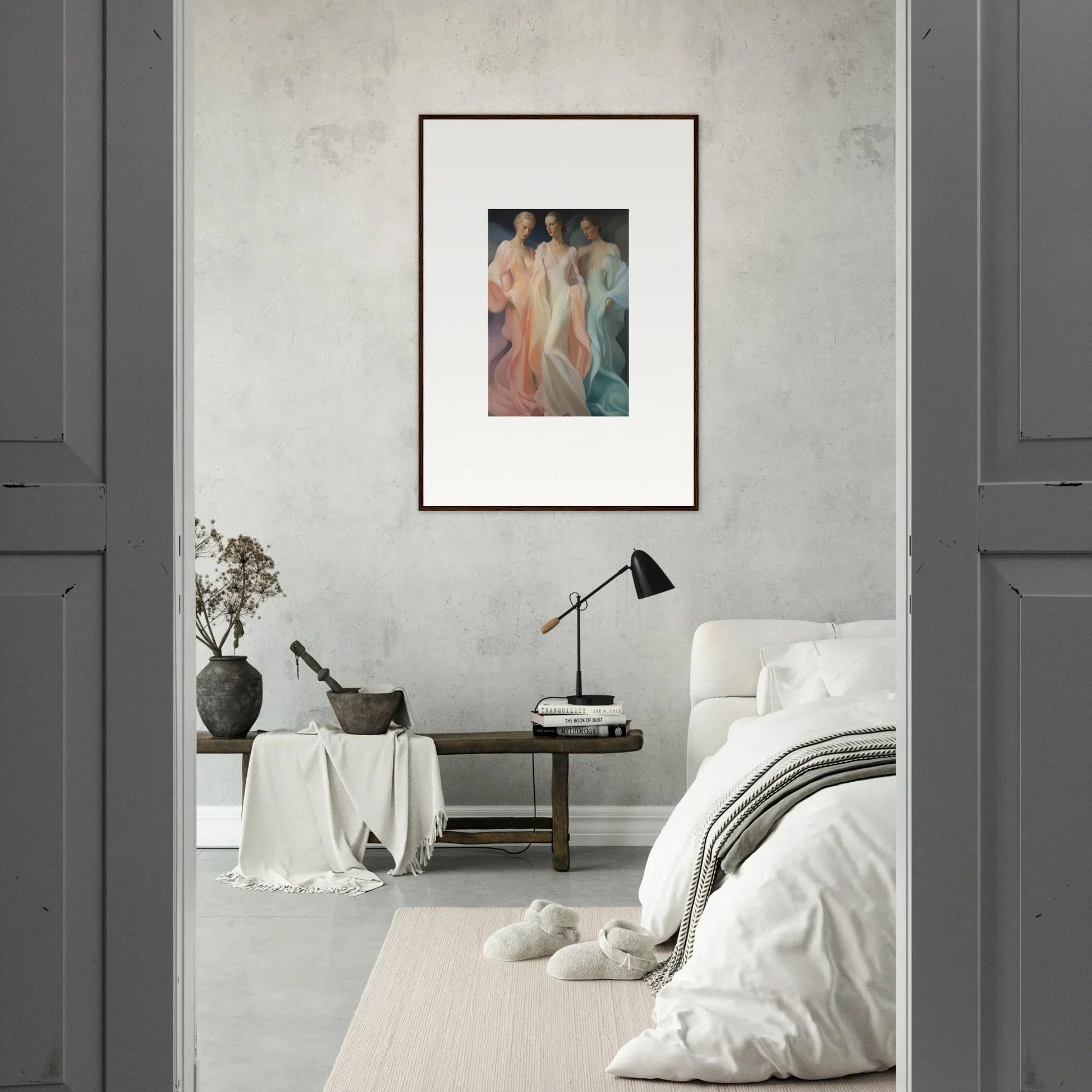 Framed artwork of abstract figures in pastel colors from Whispers Silk Susurrus