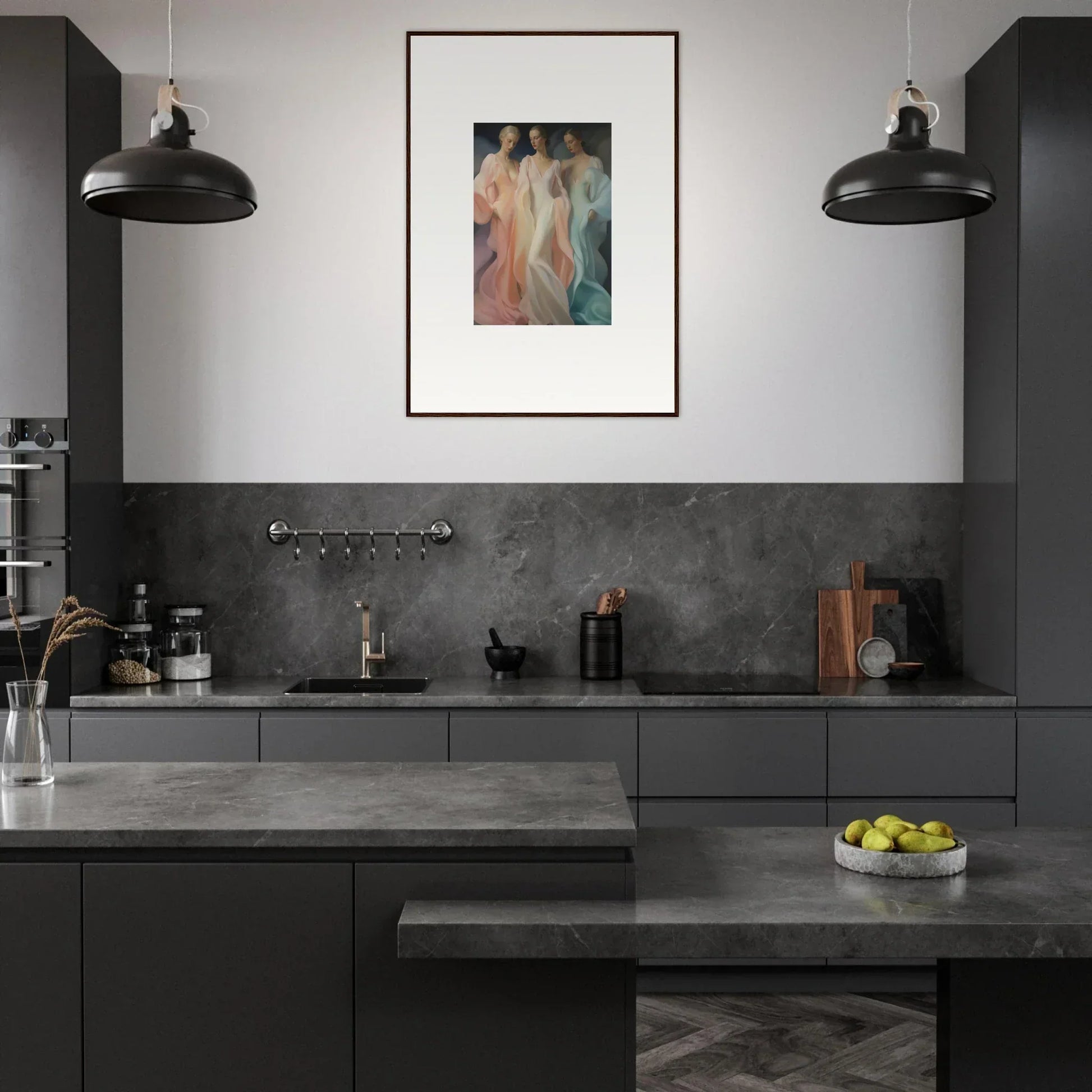 Modern dark gray kitchen featuring Whispers Silk Susurrus and stylish black pendant lights