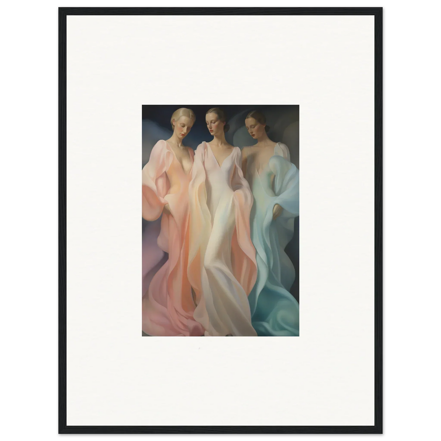 Three ethereal figures in flowing pastel dresses showcase Whispers Silk Susurrus