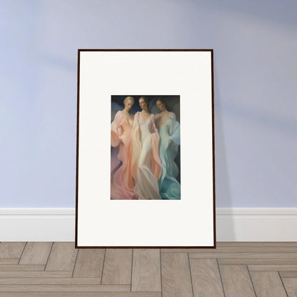 Framed artwork of three figures in pastel dresses from Whispers Silk Susurrus special edition art™