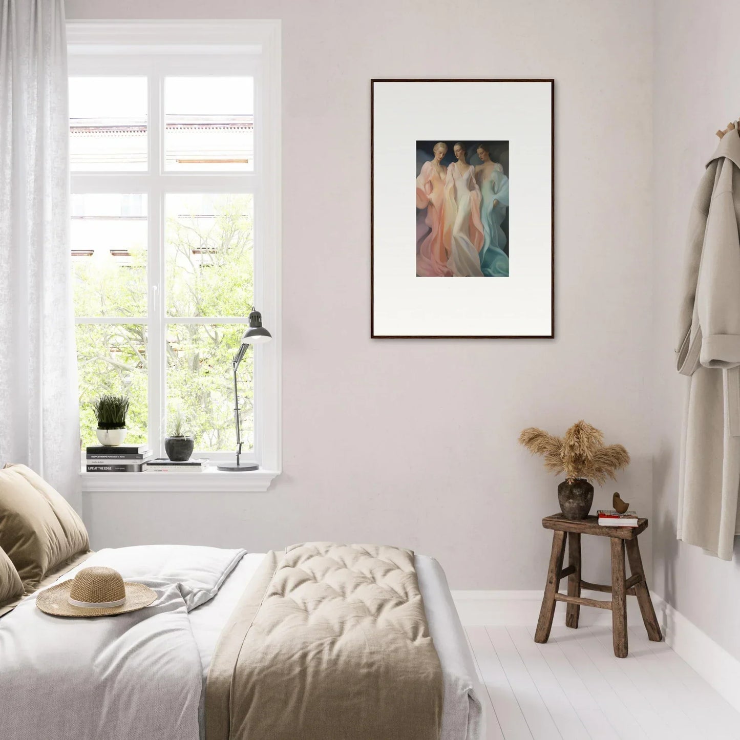 Minimalist bedroom featuring Whispers Silk Susurrus with pale pink walls and neutral bedding