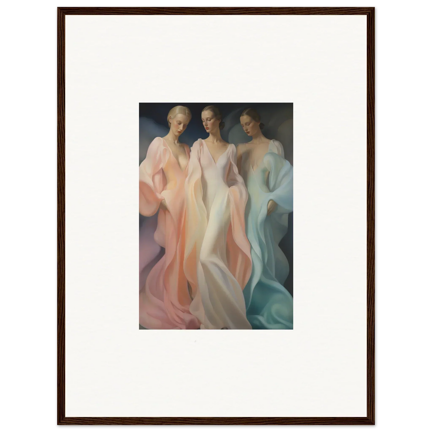 Framed Whispers Silk Susurrus artwork of three ethereal figures in pastel silk