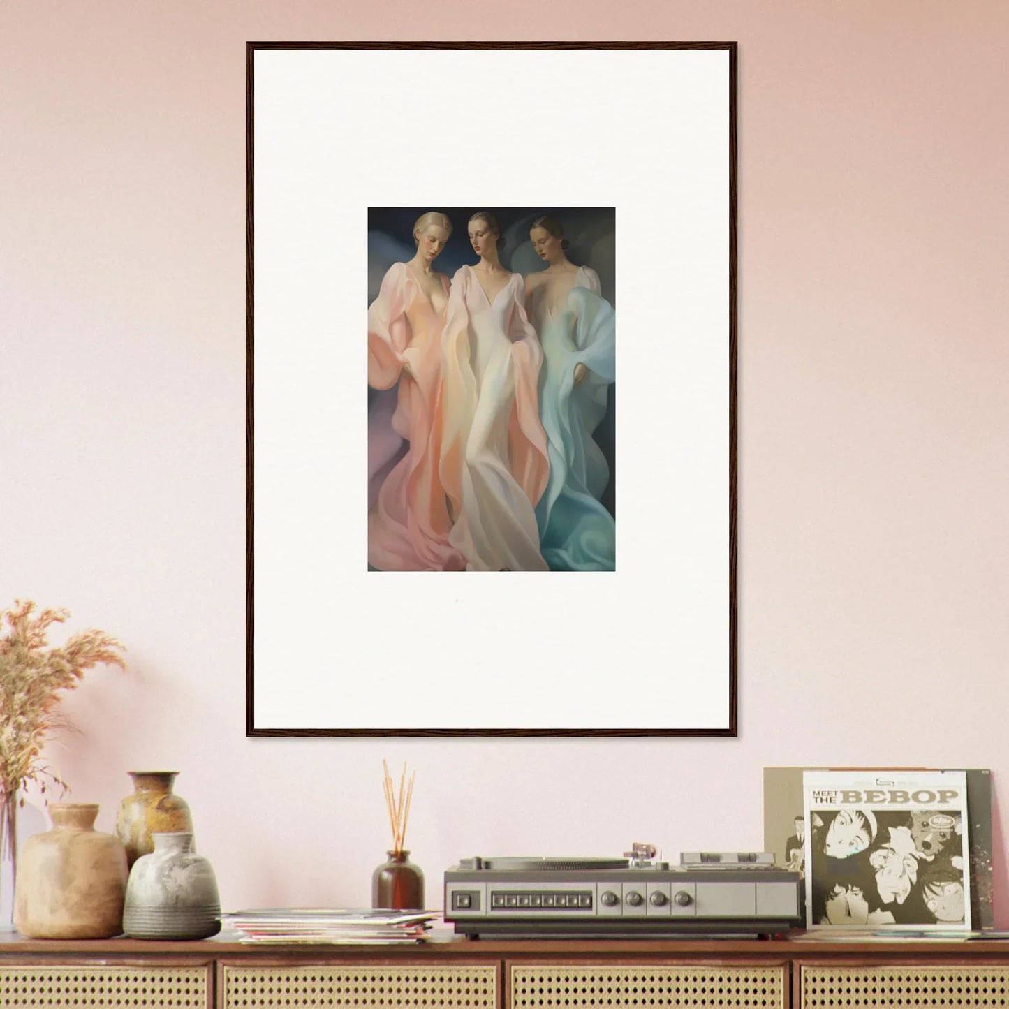 Framed art of three ethereal figures in pastel dresses from Whispers Silk Susurrus