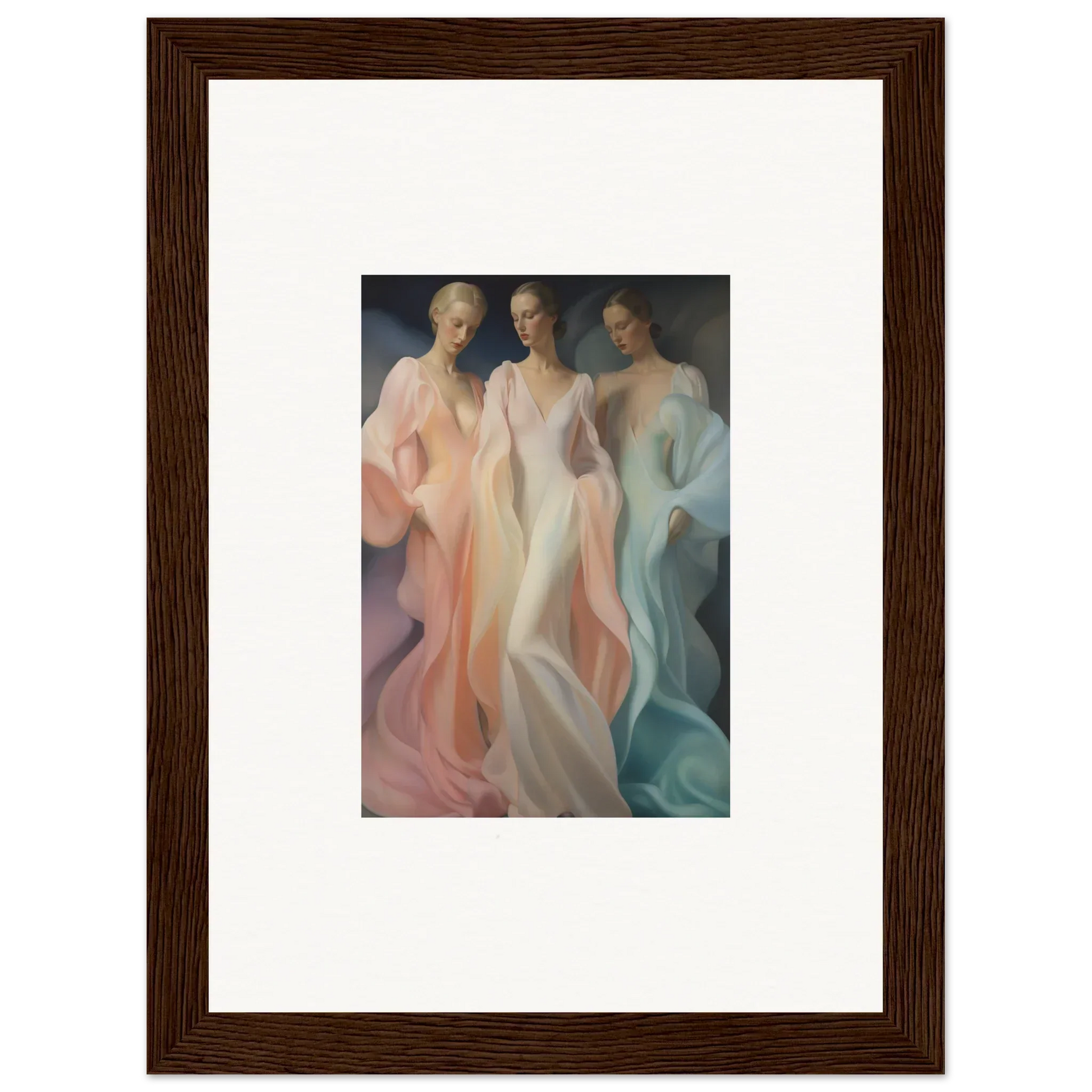 Framed artwork of three ethereal figures in Whispers Silk Susurrus special edition art™