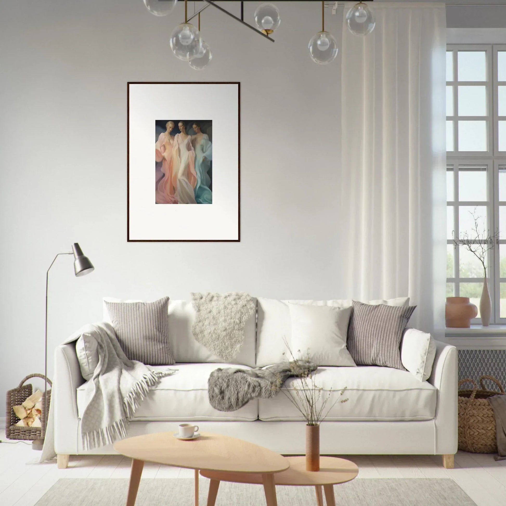 Cozy White Sofa styled with Gray and Cream Pillows, part of Whispers Silk Susurrus Special Edition Art™