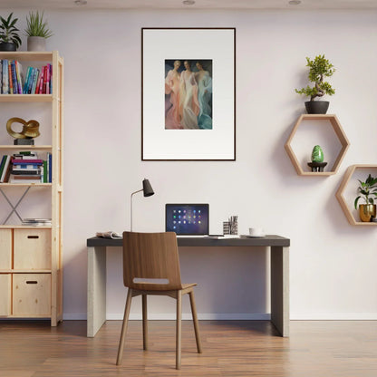 Modern home office with dark desk and Whispers Silk Susurrus art in a stylish setup