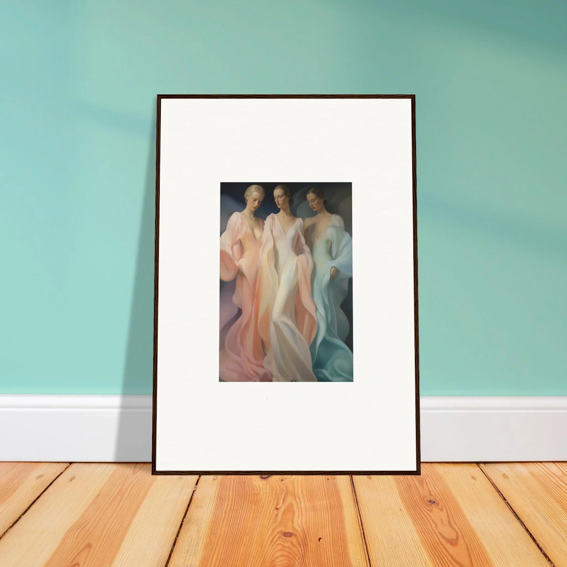 Framed Whispers Silk Susurrus artwork showcasing ethereal figures in pastel dresses