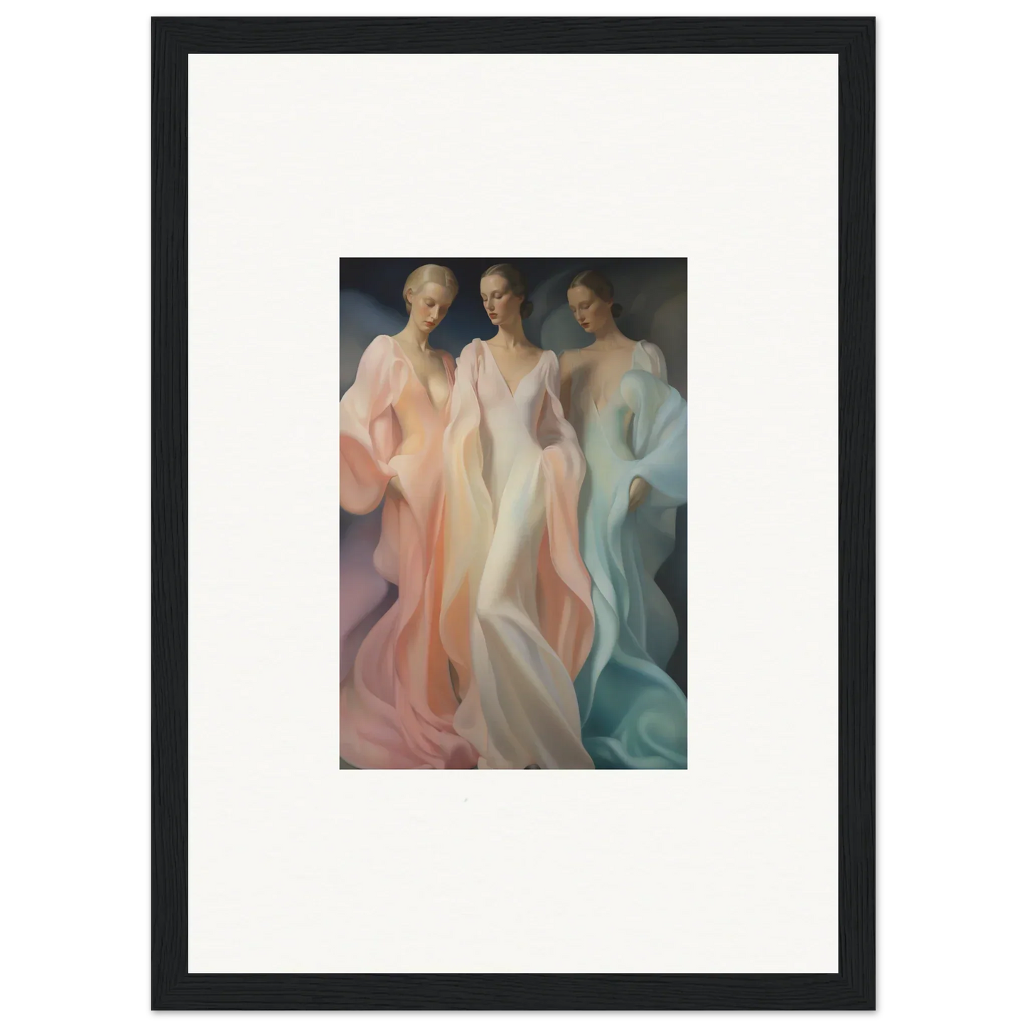 Framed art featuring ethereal figures in pastel dresses from Whispers Silk Susurrus