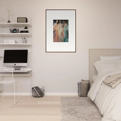 Minimalist bedroom featuring Whispers Silk Susurrus art, iMac, and stylish floating shelves