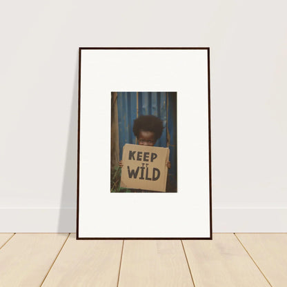 Framed photograph of a person with a KEEP WILD sign for cool room decoration