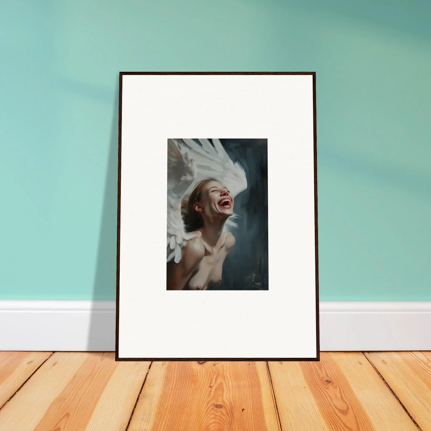 Framed photograph of a laughing person with windswept hair for ecstasy mosaic room decoration