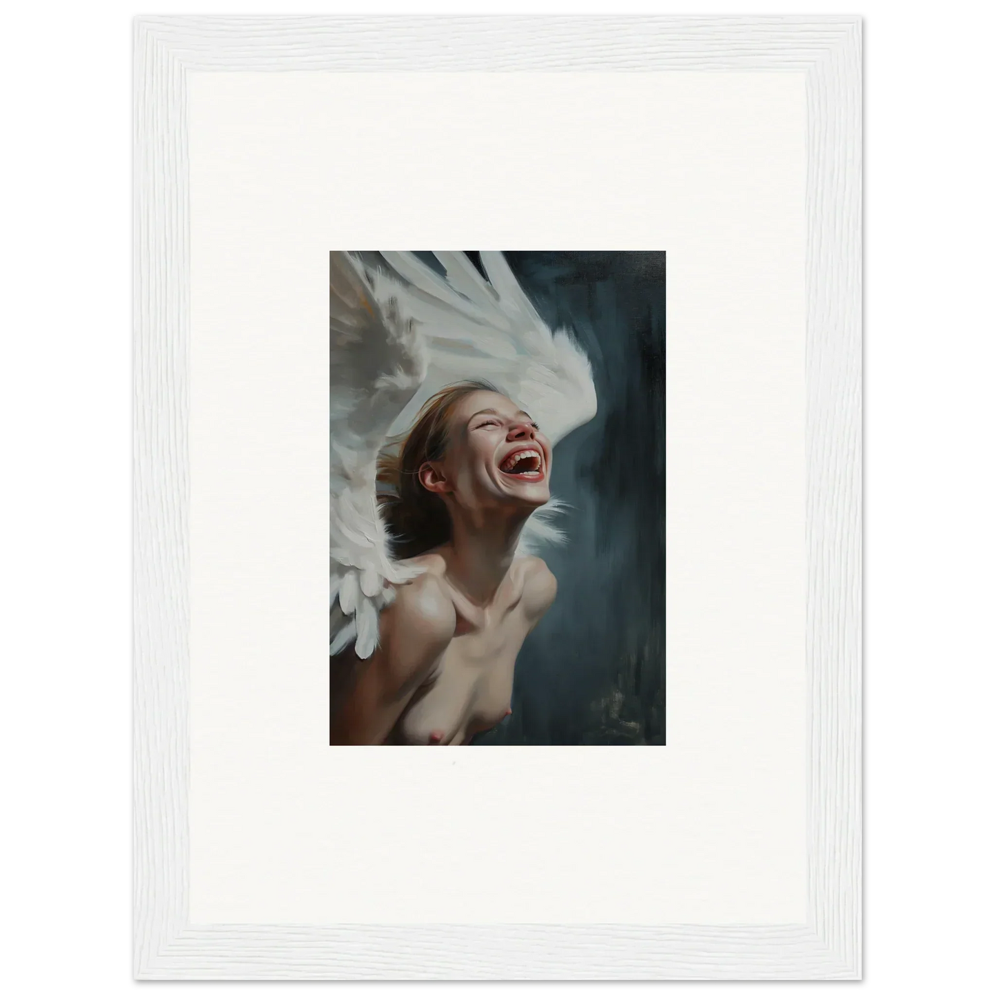 Joyful person laughing with hair in motion, perfect for an Ecstasy Mosaic canvas print