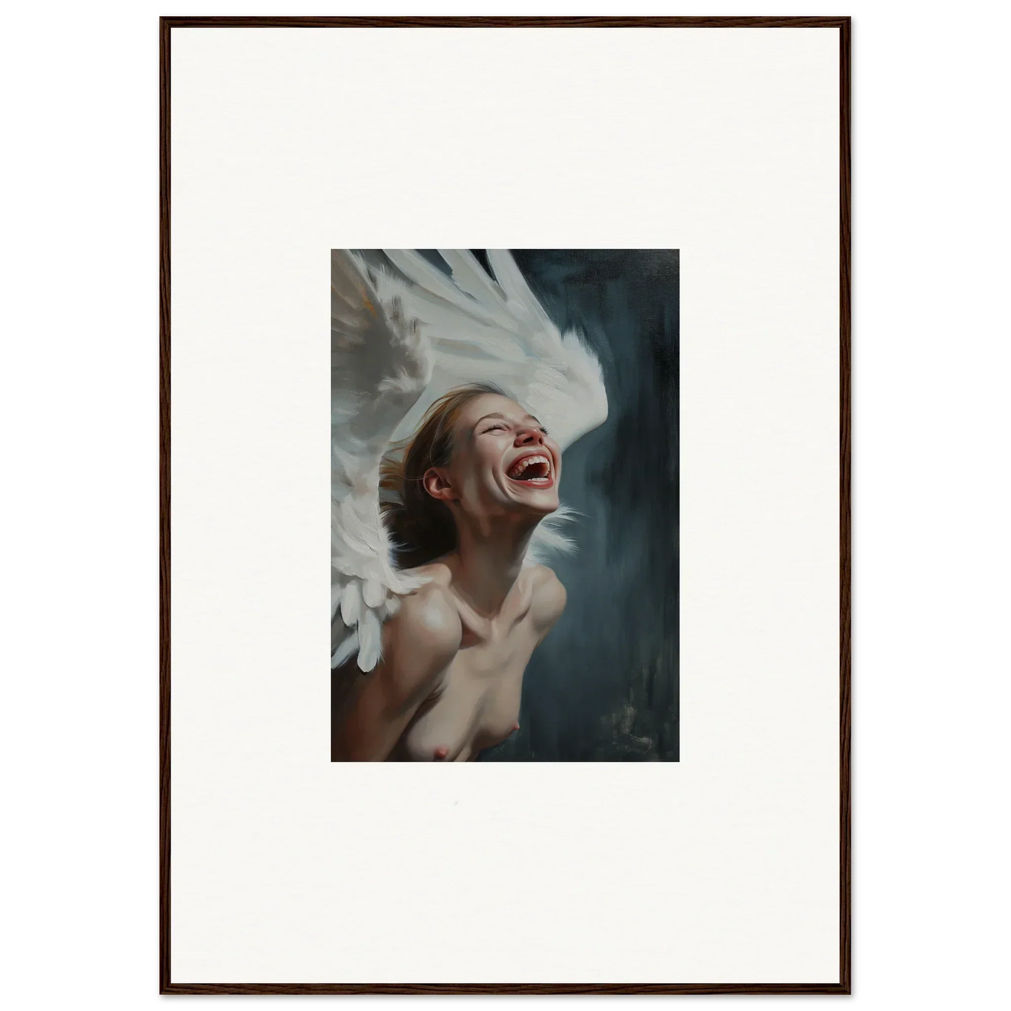 Framed photograph of joyful person in Winged Ecstasy Mosaic canvas print for room decoration