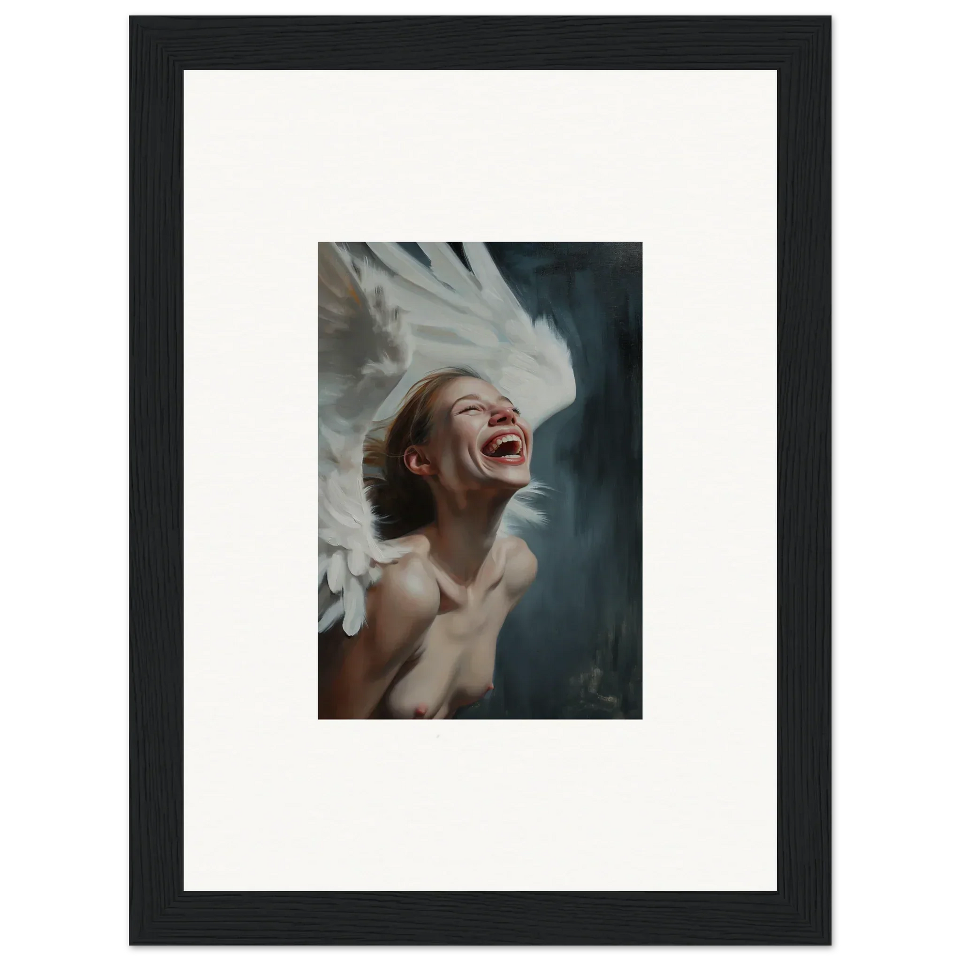 Framed canvas print of a person laughing with flour, perfect for eclectic room decoration