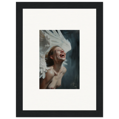 Framed canvas print of a person laughing with flour, perfect for eclectic room decoration