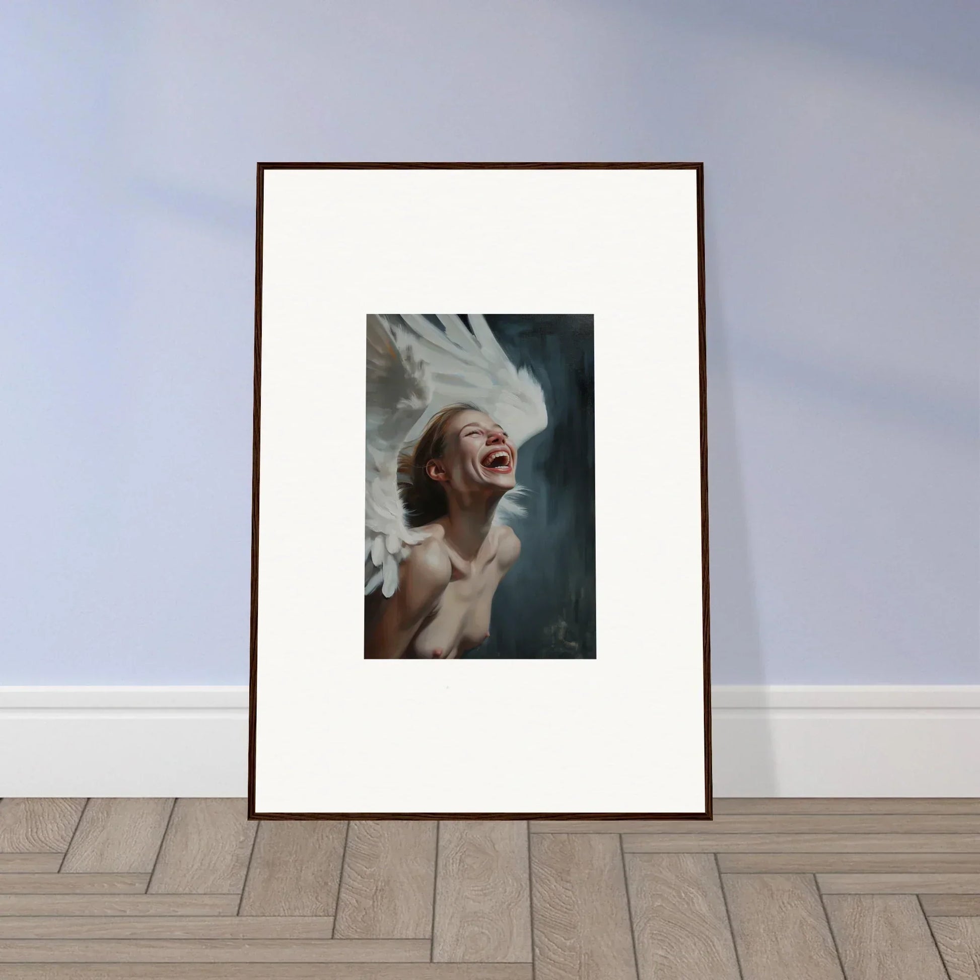 Framed portrait of a person with white hair laughing in an ecstasy mosaic canvas print