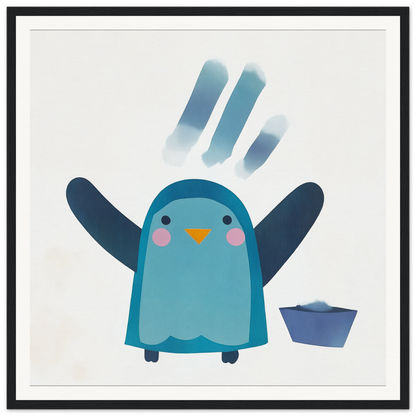 Cute blue winged penguin with raised wings in the Winged Penguin Plunge special edition art™