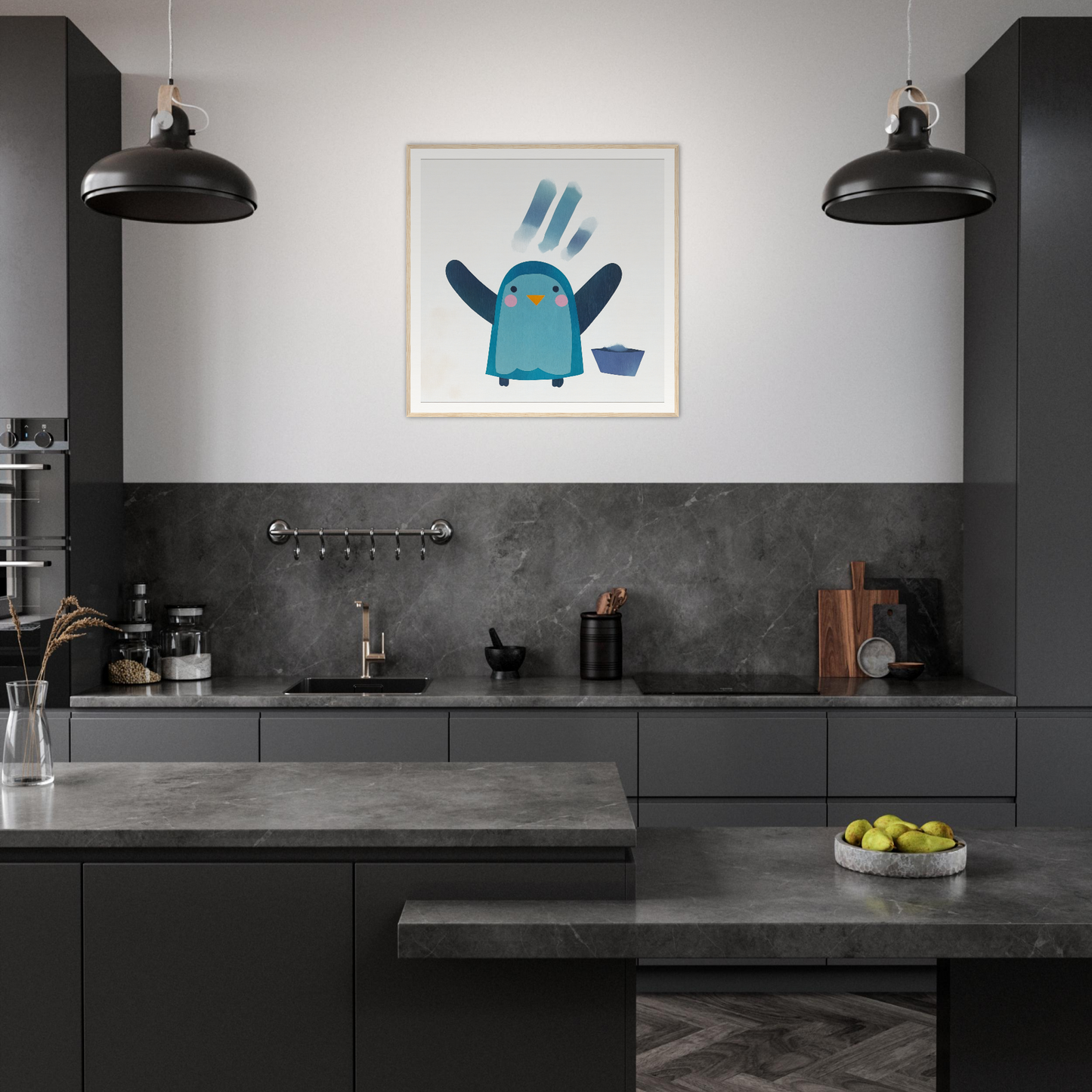 Modern dark kitchen with Winged Penguin Plunge special edition art and black cabinetry