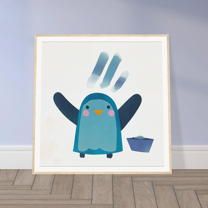 Cute blue winged penguin in minimalist cartoon style for Winged Penguin Plunge