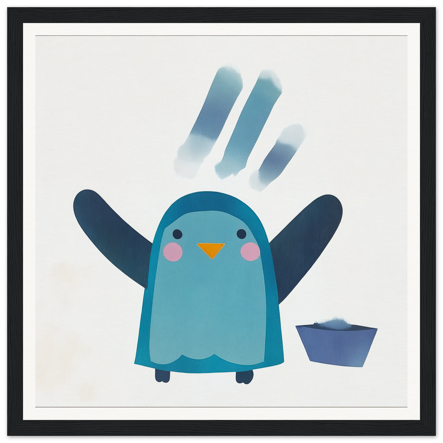 Cute blue cartoon winged penguin with raised wings and rosy cheeks for Winged Penguin Plunge