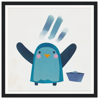 Cute blue cartoon winged penguin with raised wings and rosy cheeks for Winged Penguin Plunge