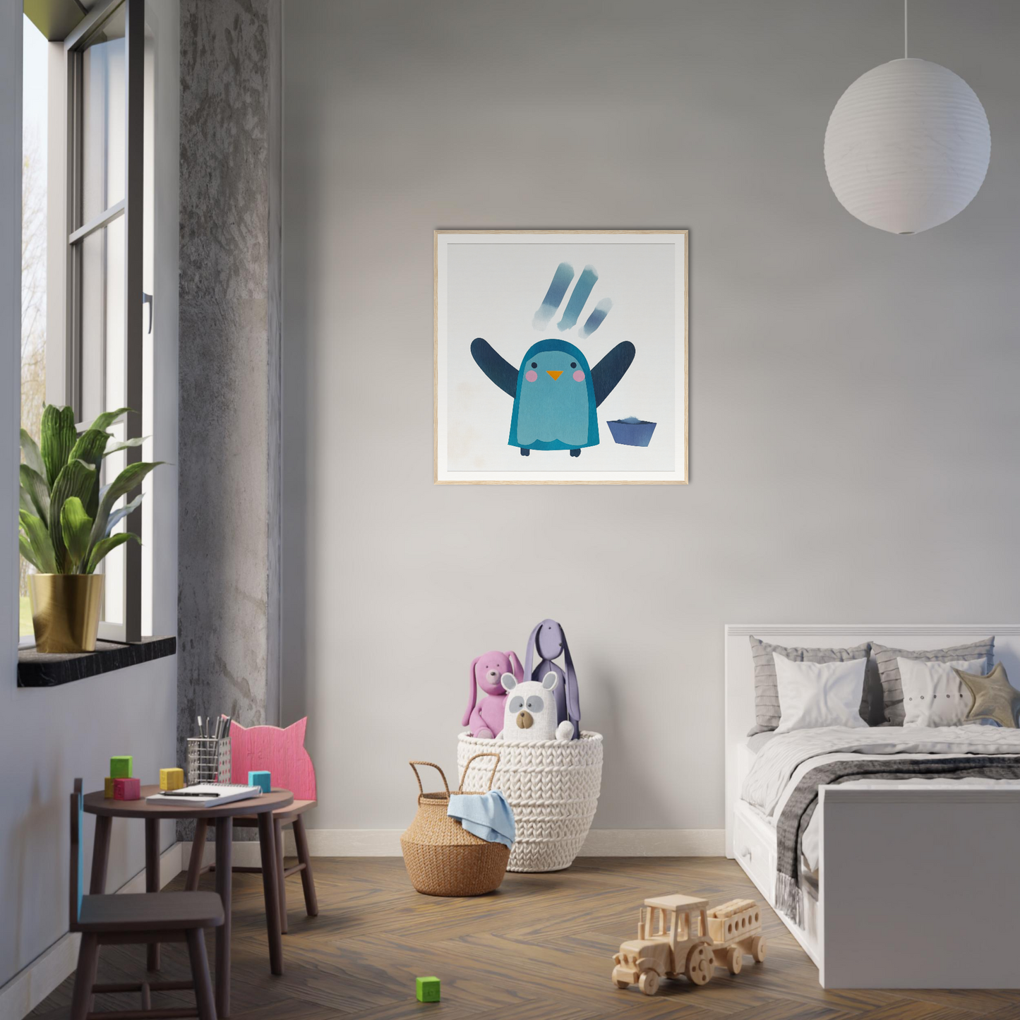 Cute blue penguin illustration on gray wall, part of Winged Penguin Plunge special edition art™