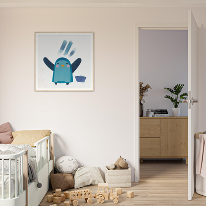 Framed illustration of a winged penguin waving, part of the Winged Penguin Plunge special edition art™