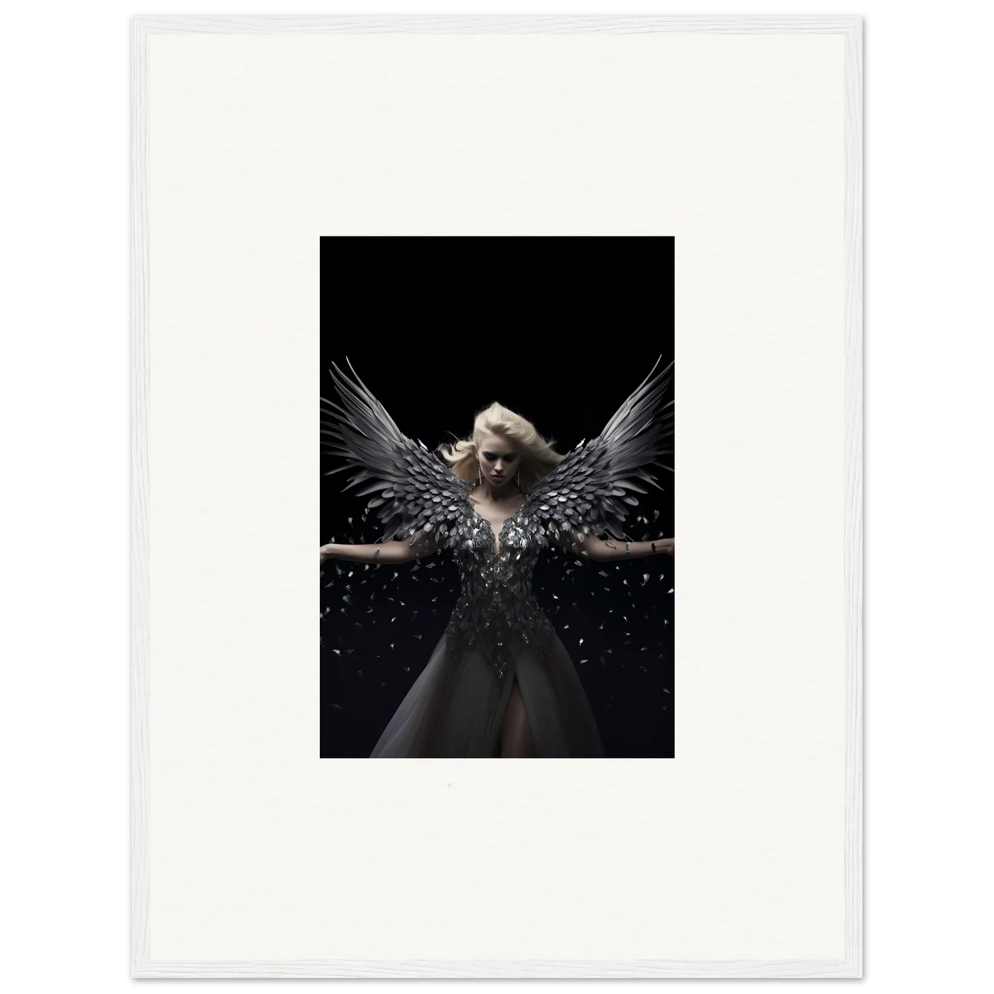 Angelic figure with wings creates captivating ether echoes in framed wall art decor