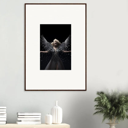 Framed wall art of an angelic figure with dark wings, perfect for ether echoes room decor