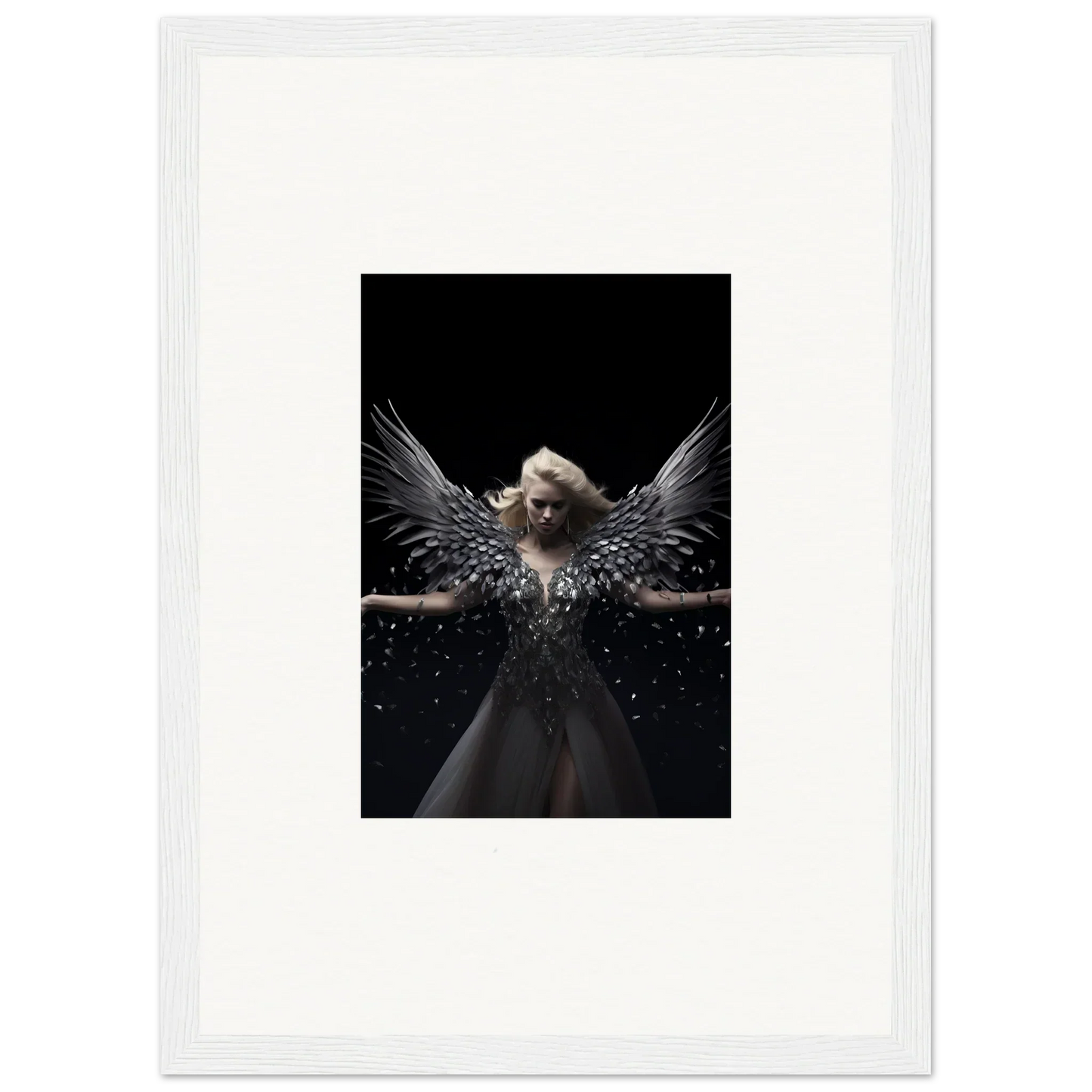 Angelic figure with dark wings and aura in ether echoes framed wall art for room decor