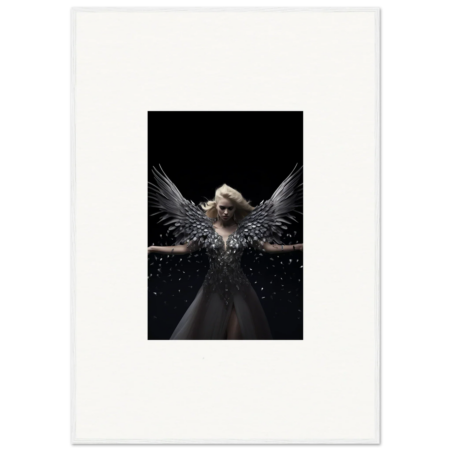 Angelic figure with dark wings in flowing dress, part of Ether Echoes wall art decor