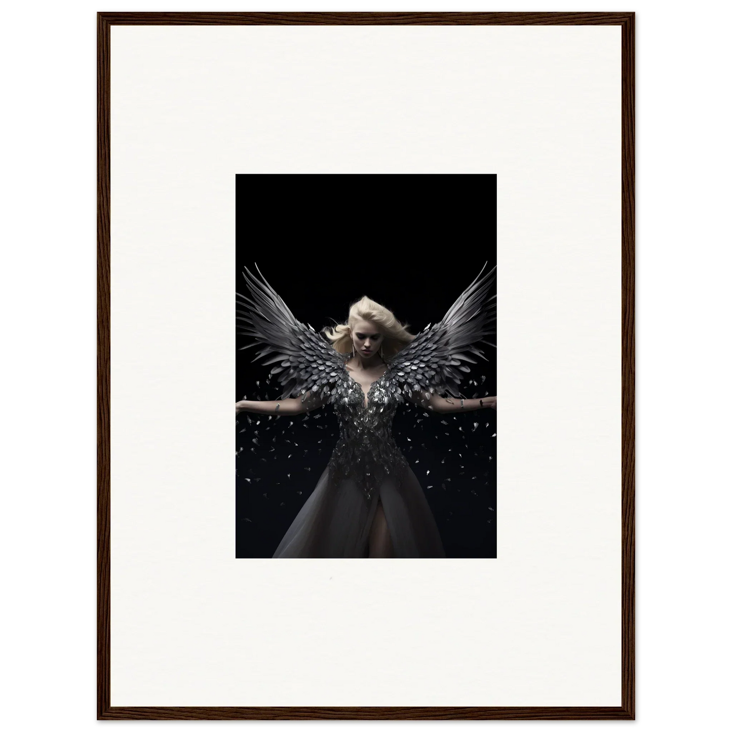 Angelic figure with wings in dark background, perfect for Ether Echoes room decor