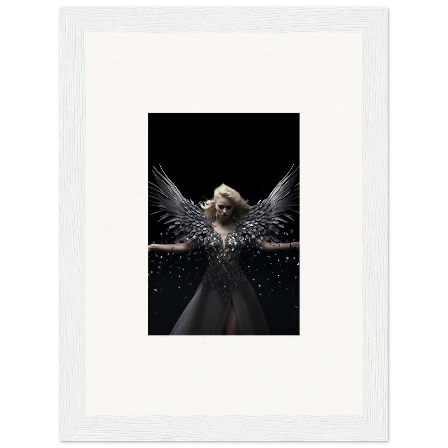 Winged figure with pale skin in dark attire for ether echoes framed wall art decor