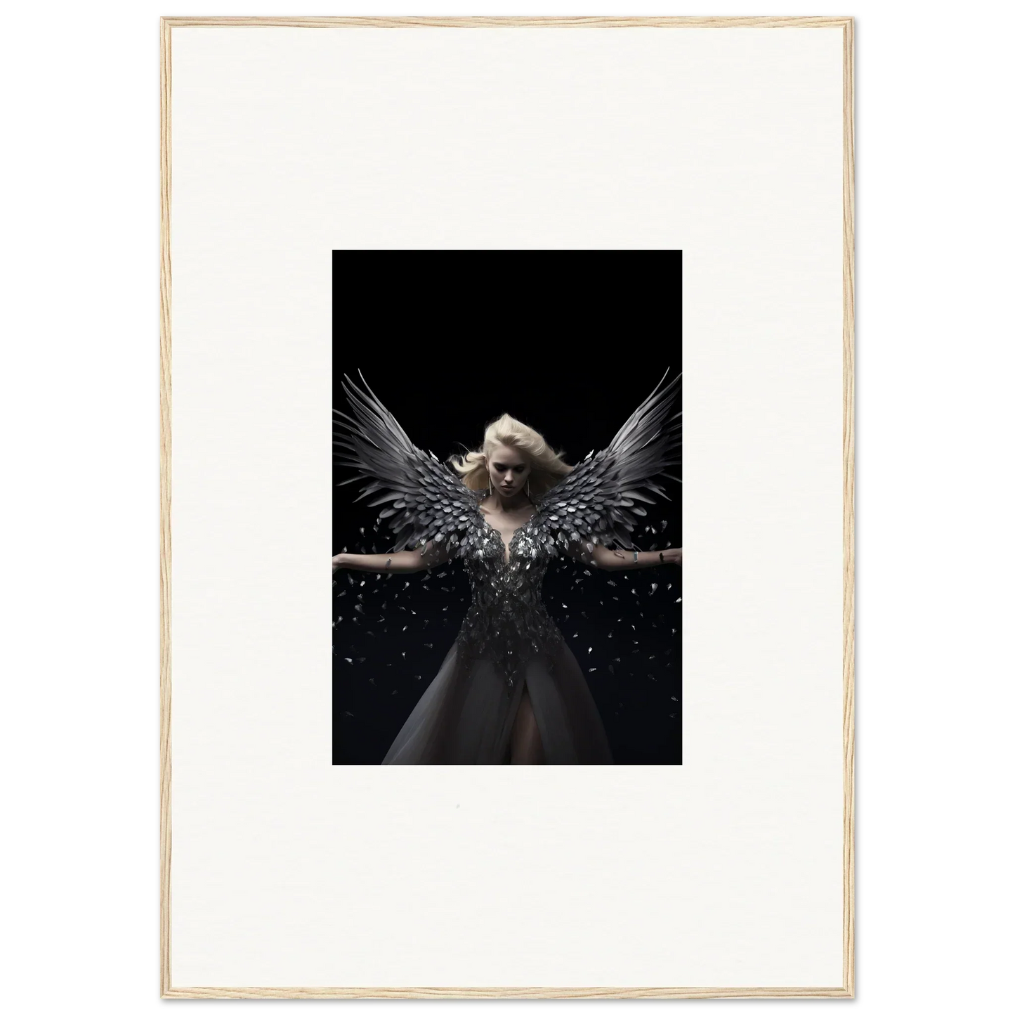 Angelic figure with dark wings and pale face for ether echoes framed wall art decor