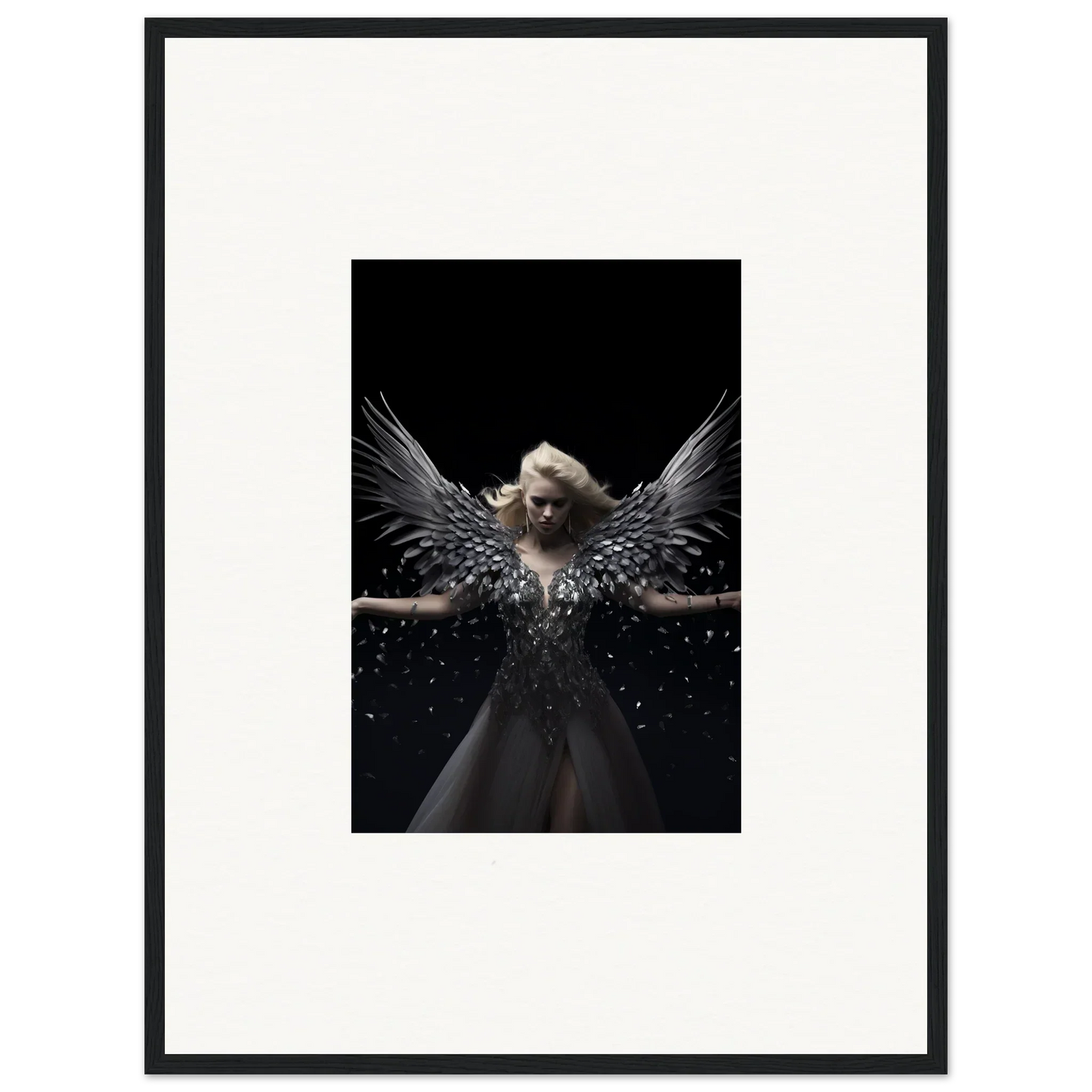 Angelic figure with dark wings from a feathered bodice for ether echoes wall decor