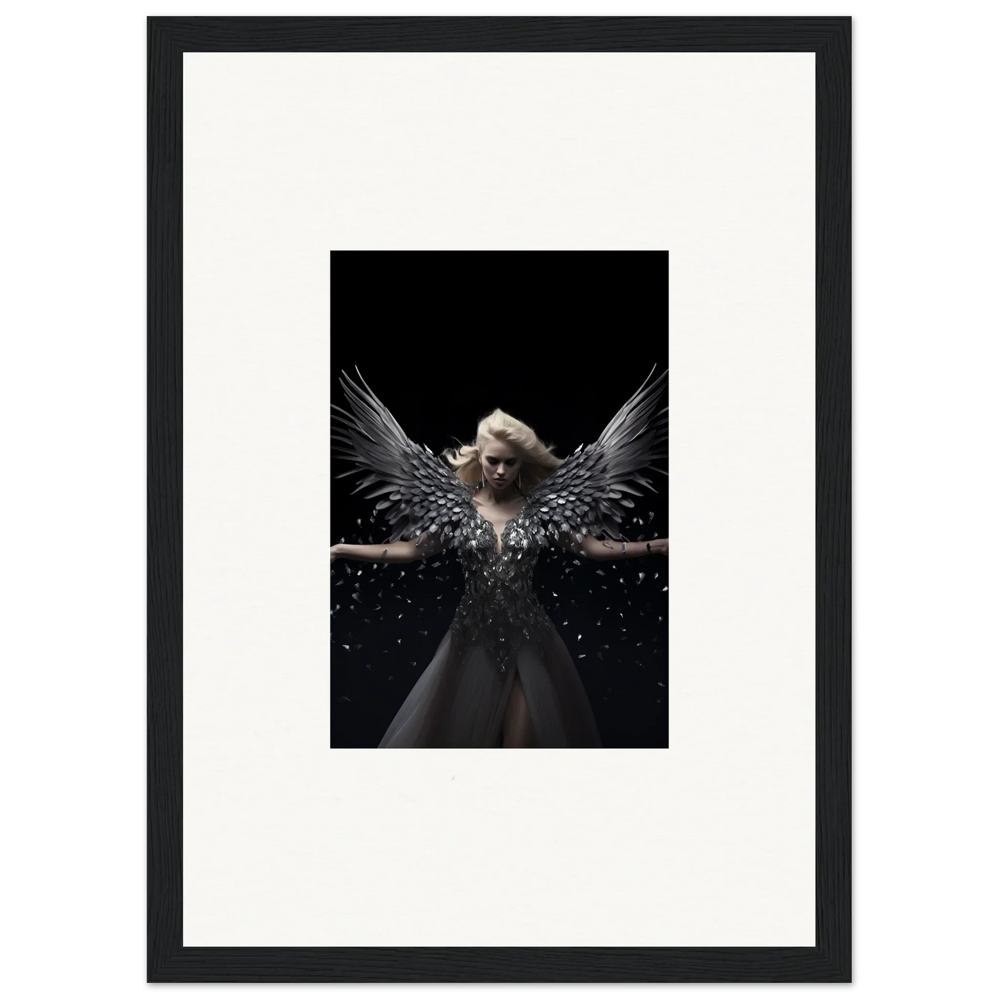 Angelic figure with dark wings in flowing gown, perfect for ether echoes room decor