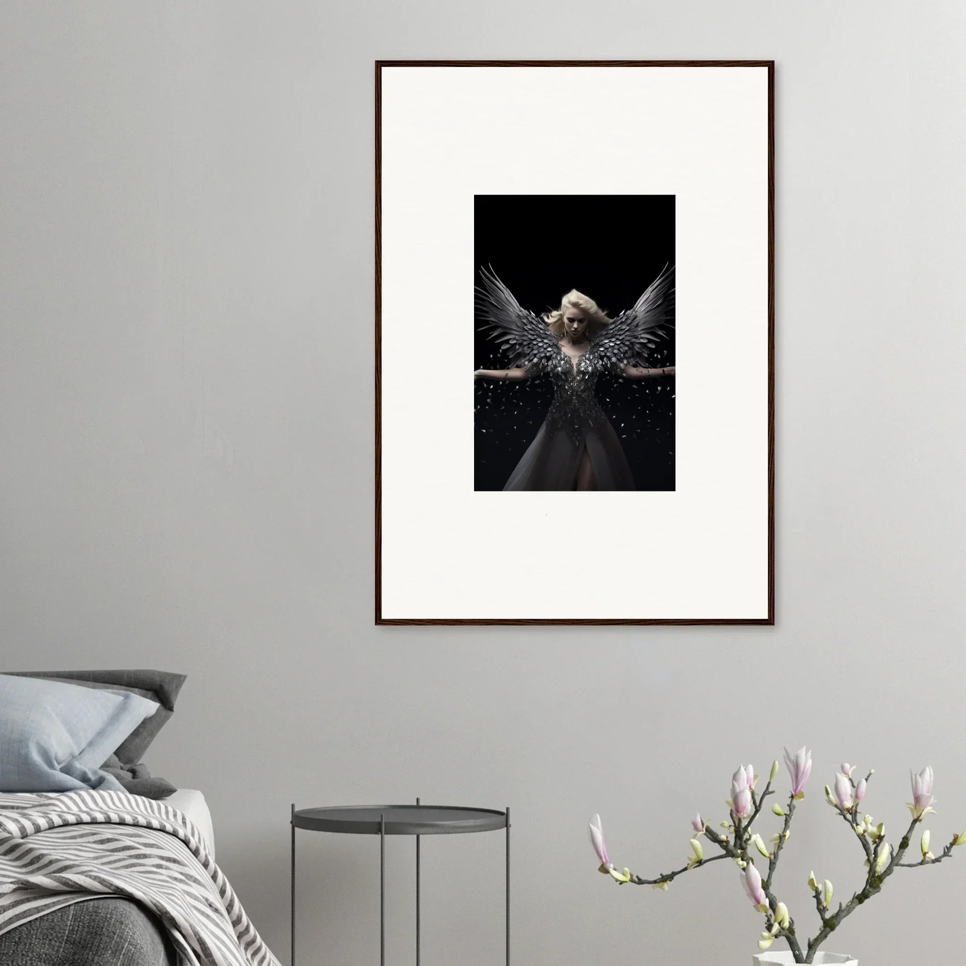 Framed wall art of an angelic figure symbolizes ether echoes in captivating room decor