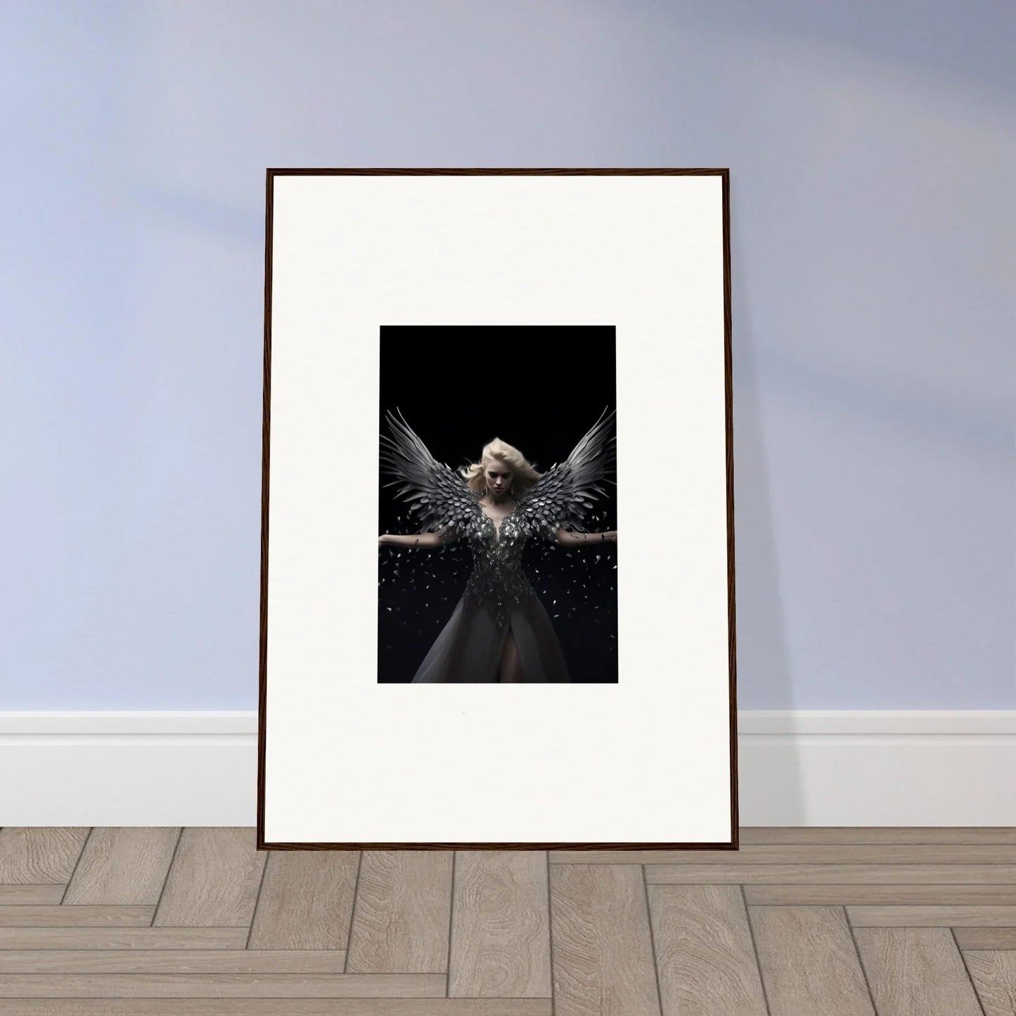 Framed wall art of a dark-winged angelic figure for unique room decor, Ether Echoes