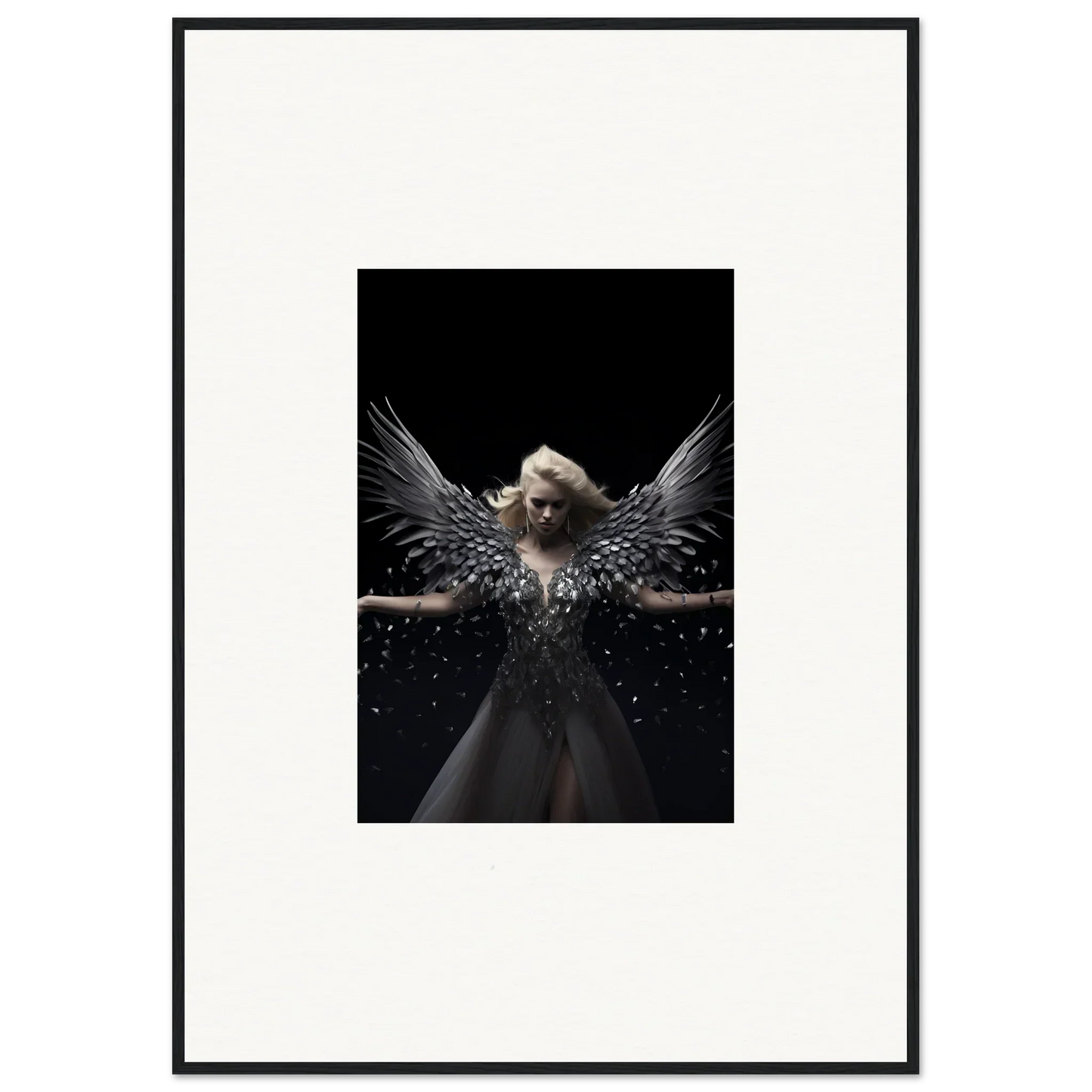 Angelic figure with dark wings in flowing dress, perfect for ether echoes room decor