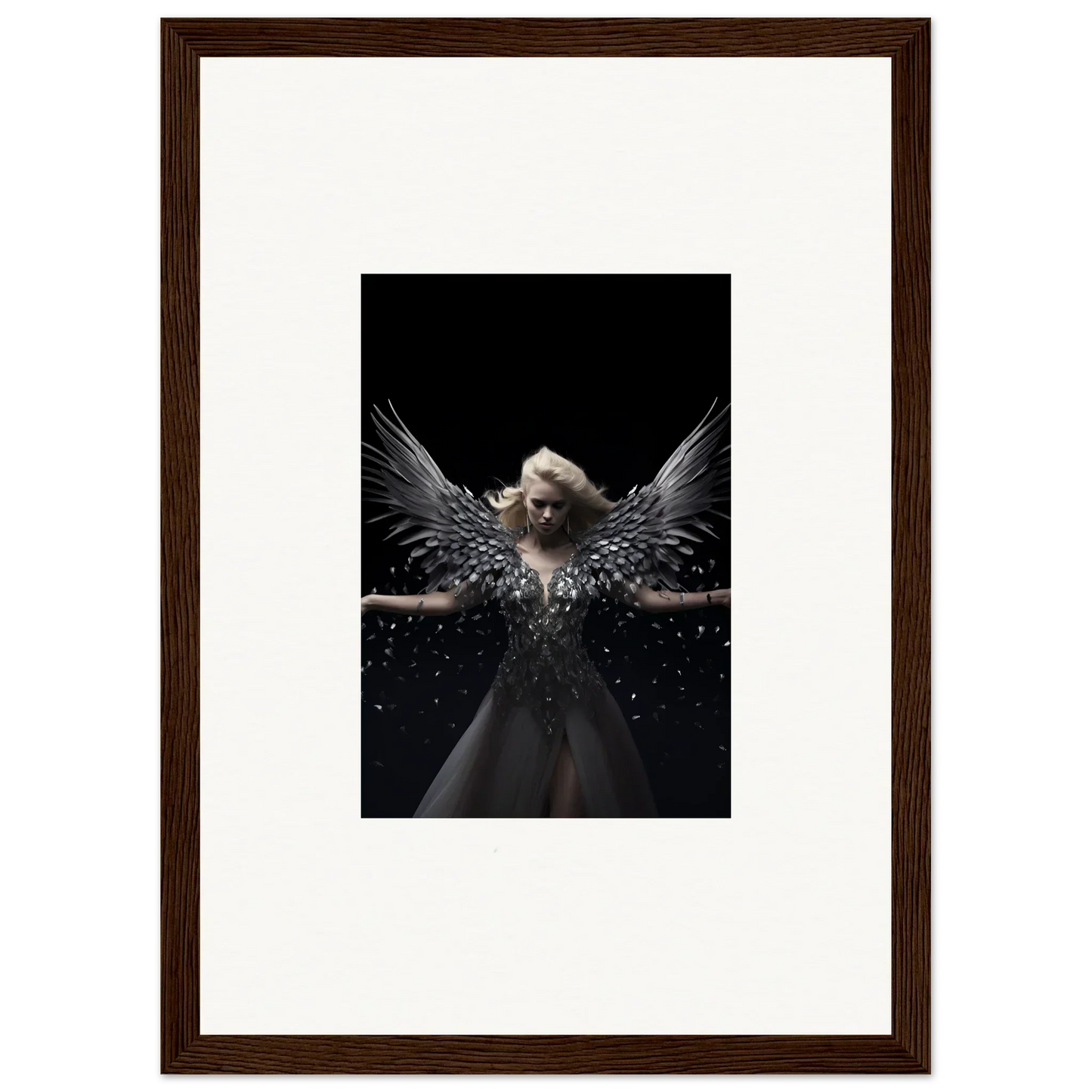 Winged angelic figure in Ether Echoes framed wall art for unique room decor