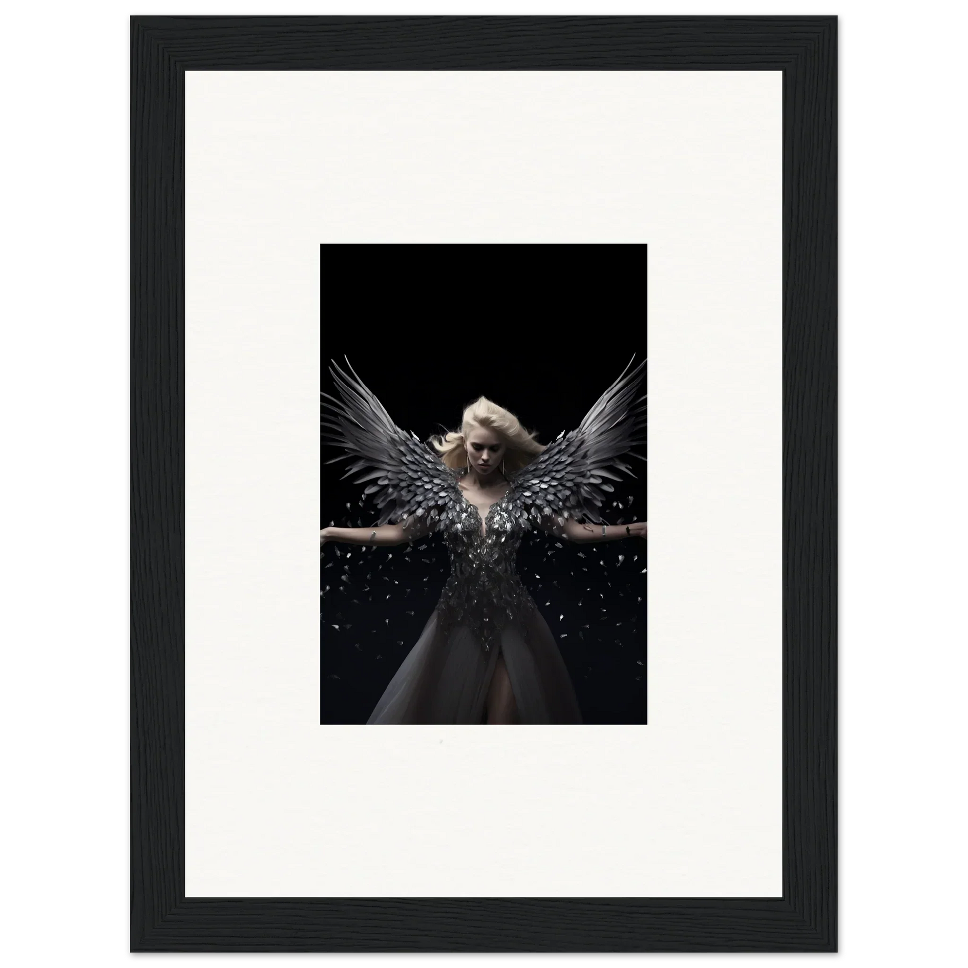 Winged figure in dark setting, perfect for ether echoes room decor or framed wall art