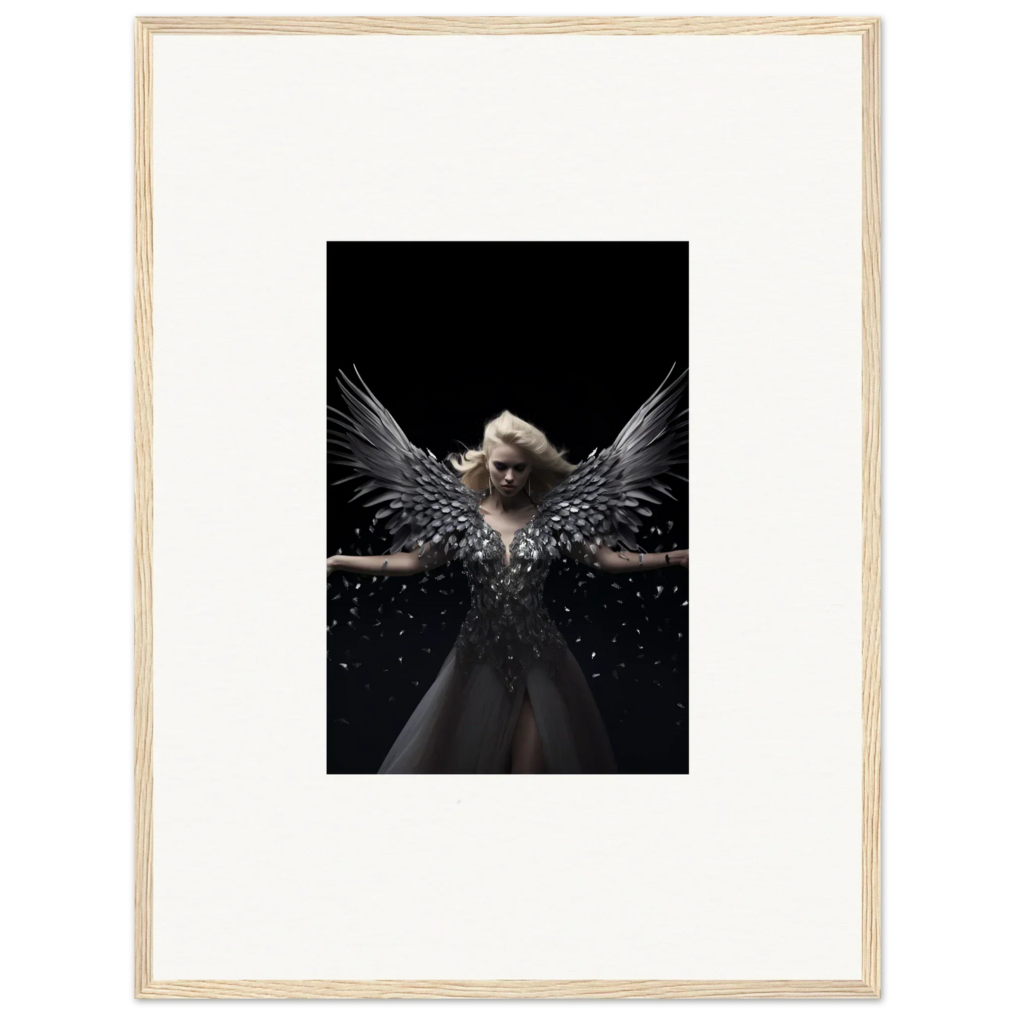 Angelic figure with dark wings in Ether Echoes framed wall art for stunning room decor